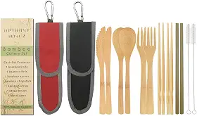 UPTRUST Conjunto de 2 talheres de bambu, utensílios de viagem de bambu, reutilizáveis, utensílios de bambu orgânico, garfo, colher, pauzinhos, escova de limpeza de palha, para viagem, piquenique