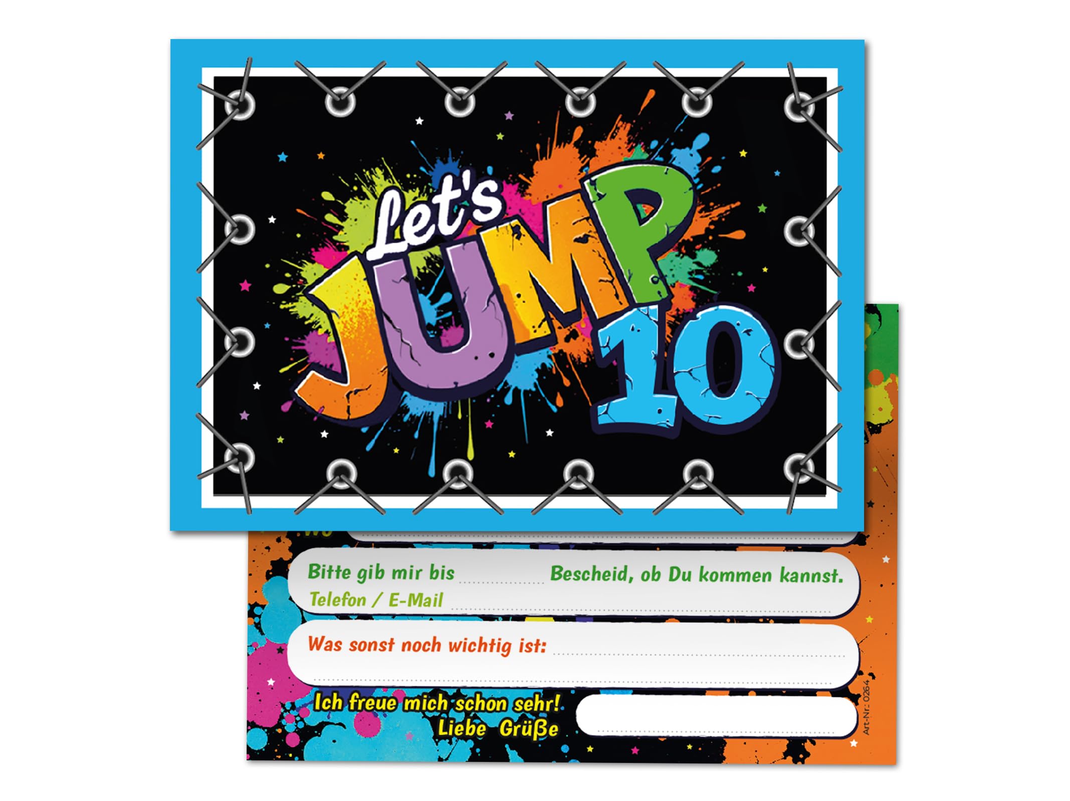 Junaversum 8 Einladungskarten zum 10. Kindergeburtstag Jump Party Mädchen Jungen Kinder coole bunte Einladungen zehnte Geburtstag Geburtstagseinladungen Kids