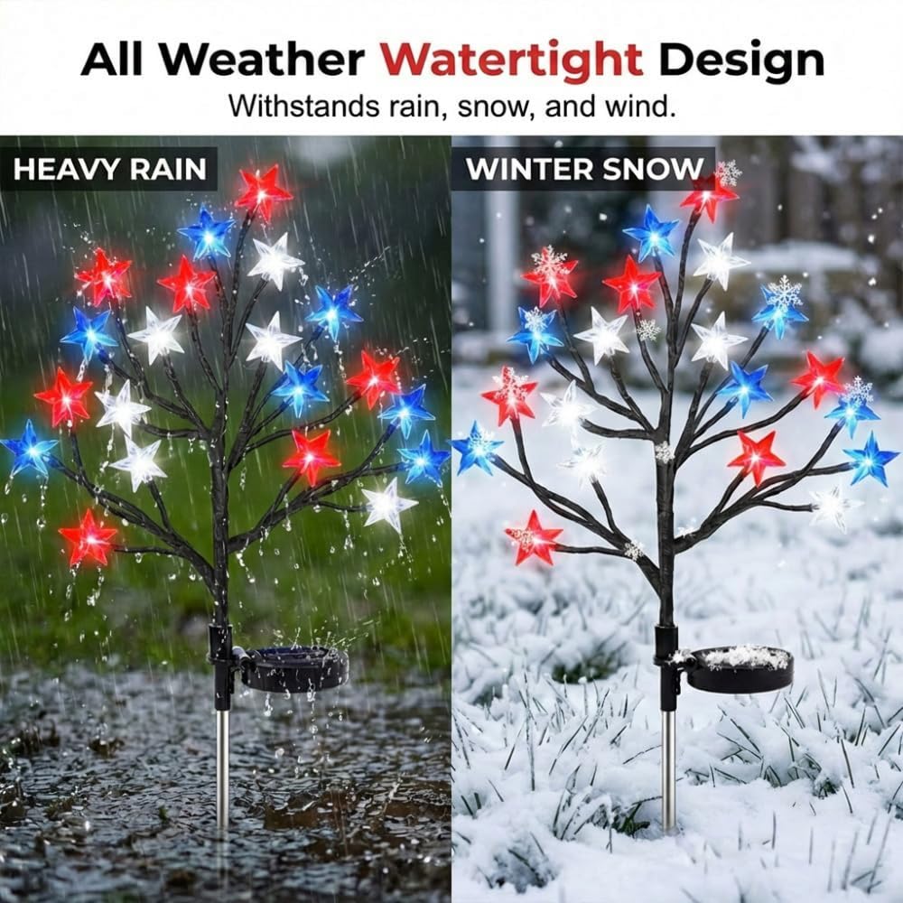 4th of July Decorations Solar Garden Lights, Outdoor Red White and Blue Star Solar Lights Waterproof Outdoor Decor, 2 Lighting Modes for Independence Day Memorial Day Garden Yard Pathway (2, 3D Star)