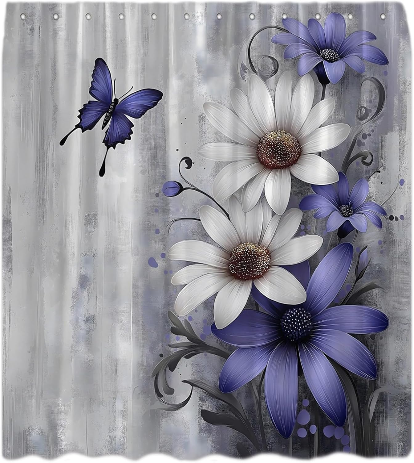 Rustic Daisy Floral Shower Curtain Blue Flower Butterfly Vintage Barn Wooden Plank Farmhouse American Country Wildflower Garden Plant Fabric Bathroom Curtain with Hook