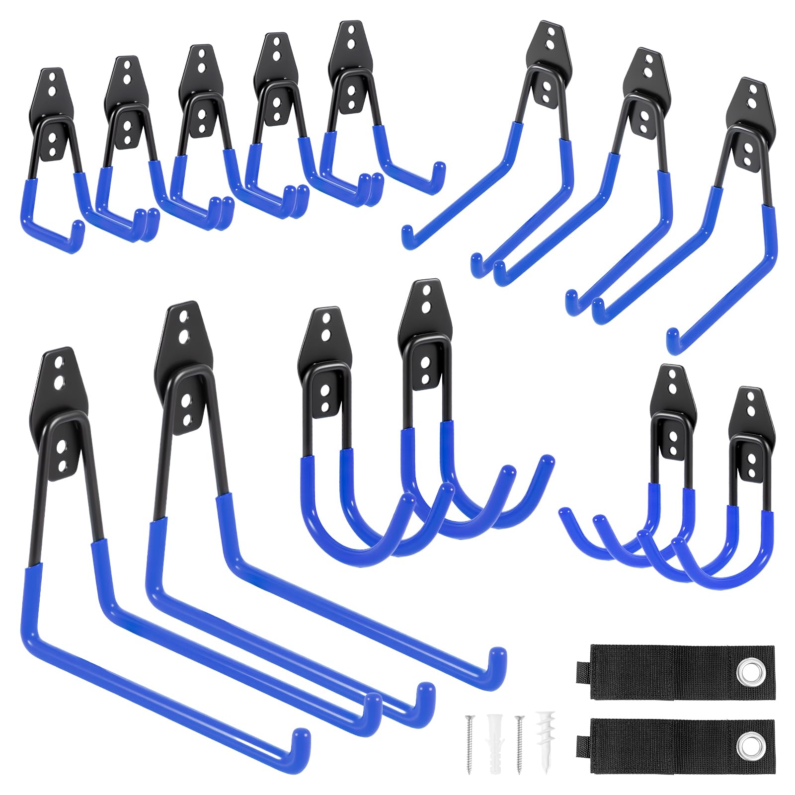 BREEZENEST 16pcs Heavy Duty Garage Storage Wall Hooks - Steel Hanger Set with Screws for Ladders, Bikes, Garden Tools, Organising Shed, Basement & Workshop Walls (Blue)
