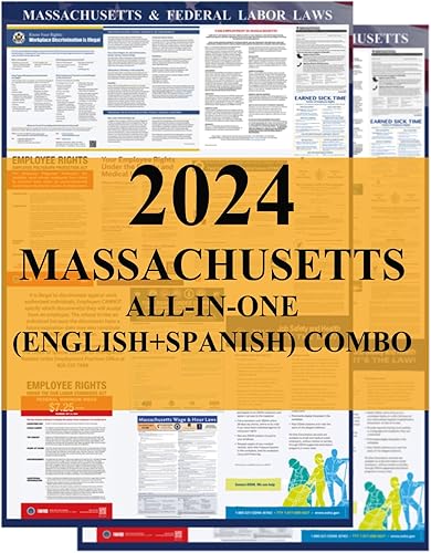 KIKIGO Póster de las leyes laborales estatales y federales de Massachusetts 2024 Cumple con OSHA en el lugar de trabajo de 24 x 36 pulgadas