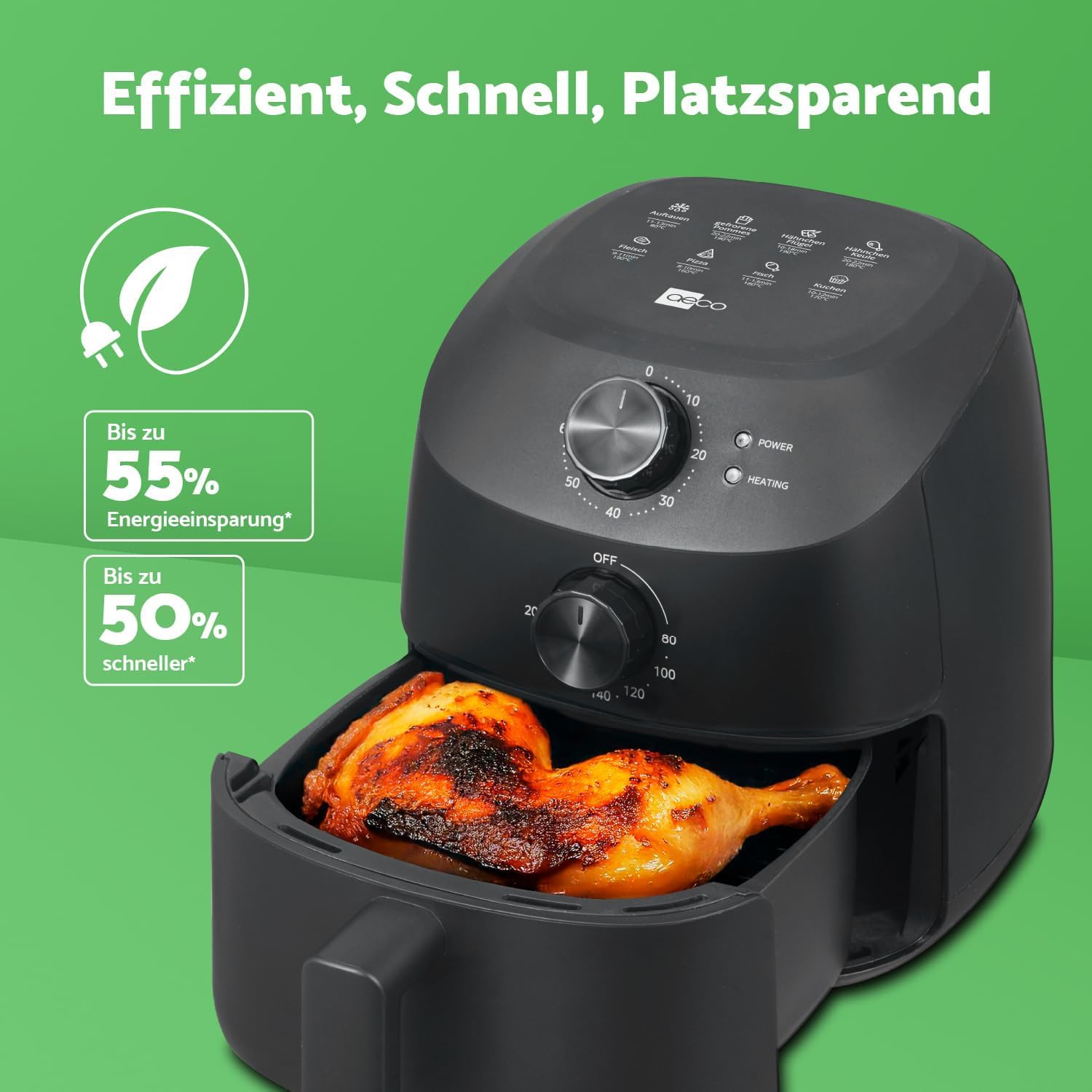 aeco Cube 2.0 Mini Airfryer – Kompakte Heißluftfritteuse, 2 Liter, BPA-frei, 60 Min. Timer, Antihaft, 80% weniger Öl, energieeffizient, Automatische Abschaltfunktion