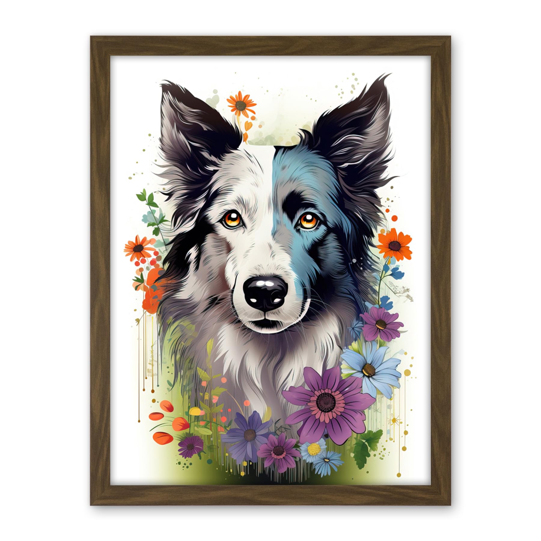 Artery8 Border Collie Dog Pict Scotland Blue Bawsant Face Bright Artwork Portrait with Wildflowers Artwork Framed Wall Art Print 18X24 Inch