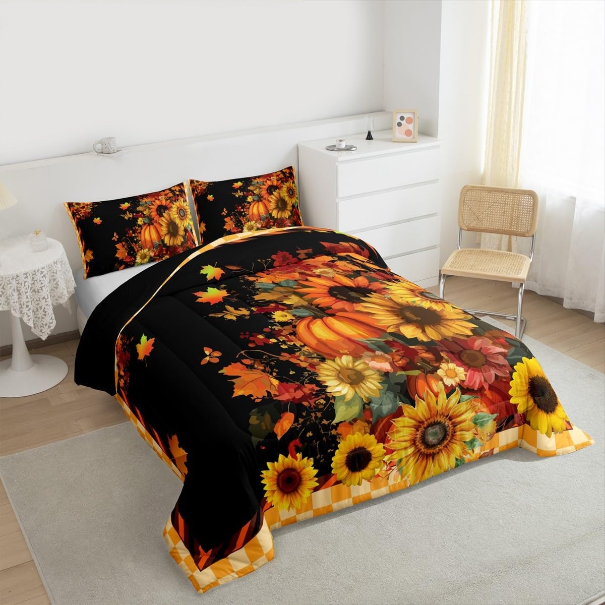 Feelyou Pumpkin Bedding Set Fall Sunflowers Butterfly Comforter Set Boys Girls Geometric Plaid Decor Comforter Microfiber Vintage Maple Leaves Duvet Set Bedroom Quilt Set Queen Size