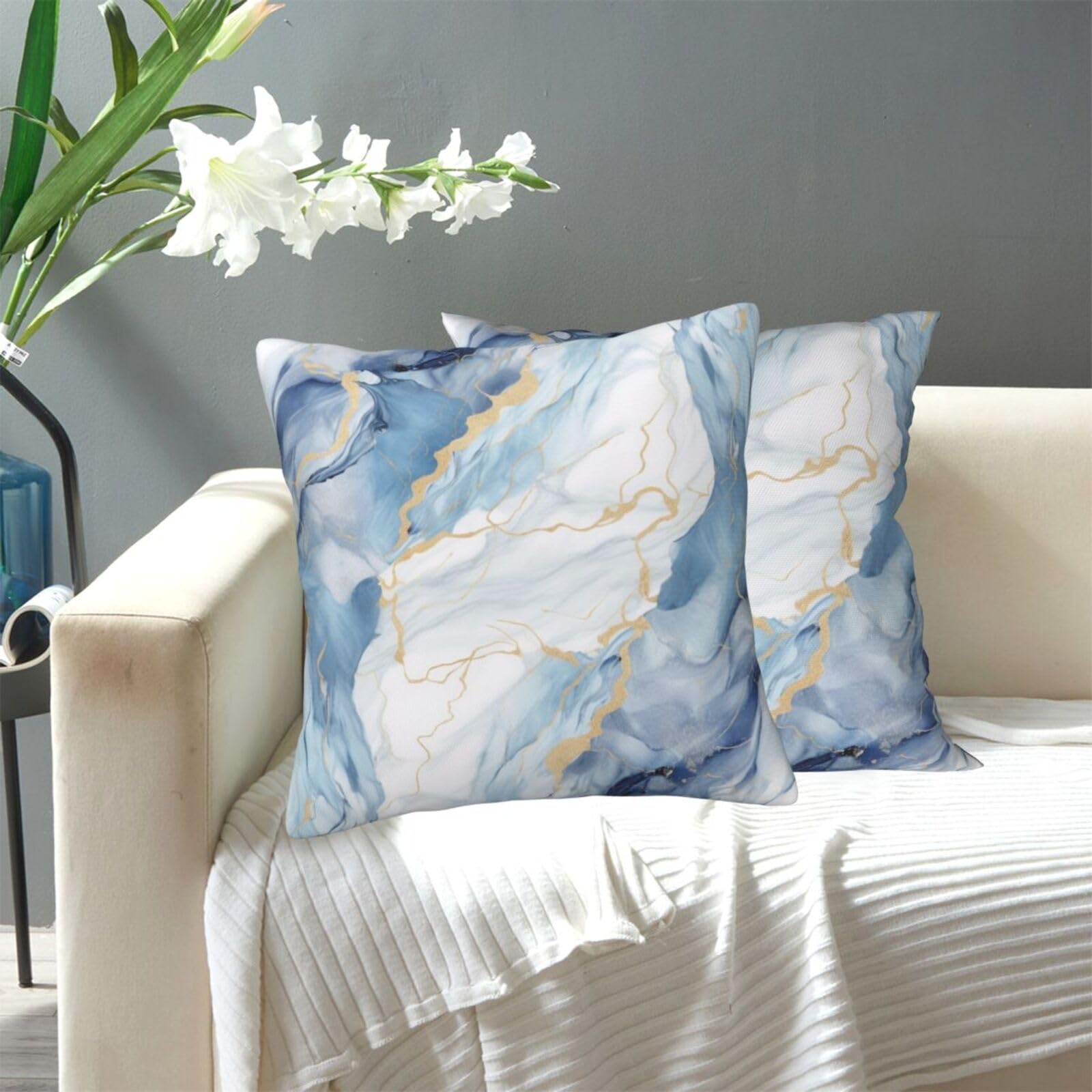 FekiLoot Decorative Throw Pillow Covers Modern Farmhouse Pillowcase Double Sided Cozy Cushion Cover for Sofa Couch Bed 20"X20" White Blue Marble