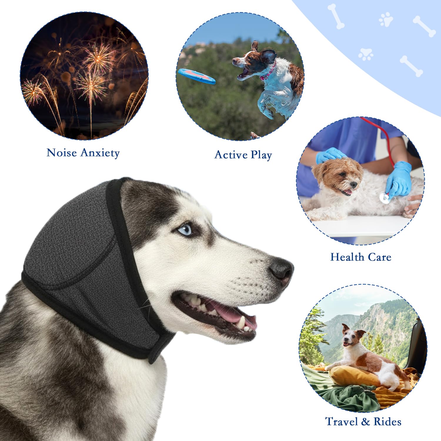 Protectores de Oídos y Orejeras para Perros, Cancelación de Ruido y Protección Auditiva Ajustable Calma para Perros Pequeños y Medianos, Aseo, Baño, Fuegos Artificiales, Truenos (Gris-L)