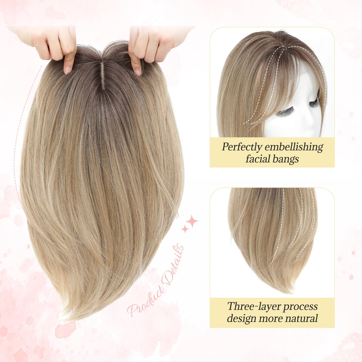 MORICHY Hair Toppers for Thinning Hair 6.5x6.5inch Hair Topper with Large Base for Cover Gray or Hair Loss Synthetic Hair Extensions Clip in Fringe Daily Use(Ombre Blonde With Dark Root) - Image 4