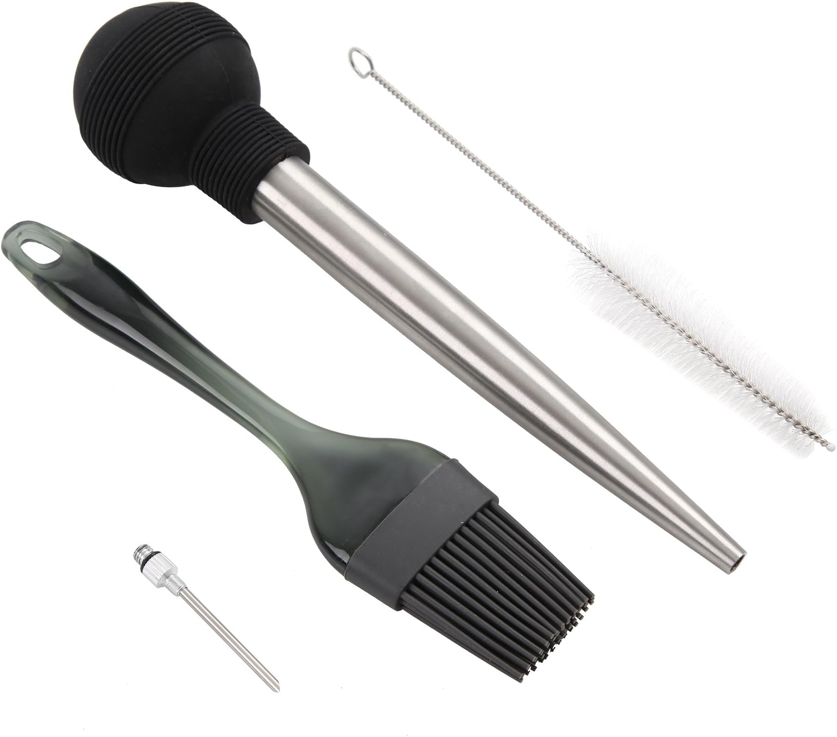 FINNKARE Turkey Baster for Cooking with Brush Stainless Steel Meat Marinade Baster Syringe Injector Large Capacity Silicone BBQ Basting Pastry Oil Brush Including Flavor Needle and Cleaning Brush