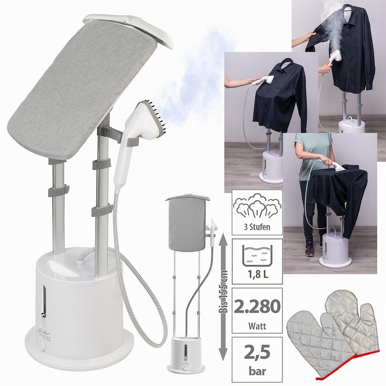 Sichler Haushaltsgeräte Dampfbügelstation: 2in1-Mini-Bügelstation und Dampfglätter mit Bügelbrett, 2.280 Watt (Bügeltisch, Dampfglätter Dampfbürsten, Bügel)