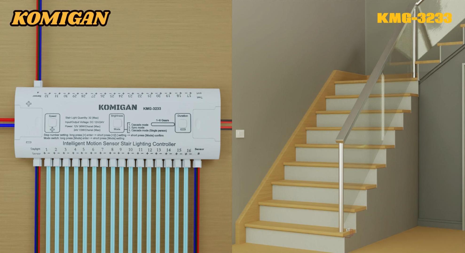 Image of Intelligent Motion Triggered LED Stair Lighting Kit KMG-3233, 40 inch Cuttable LED Strip Light for Indoor LED Stair Lights (Orange Color, 16 Stairs)
