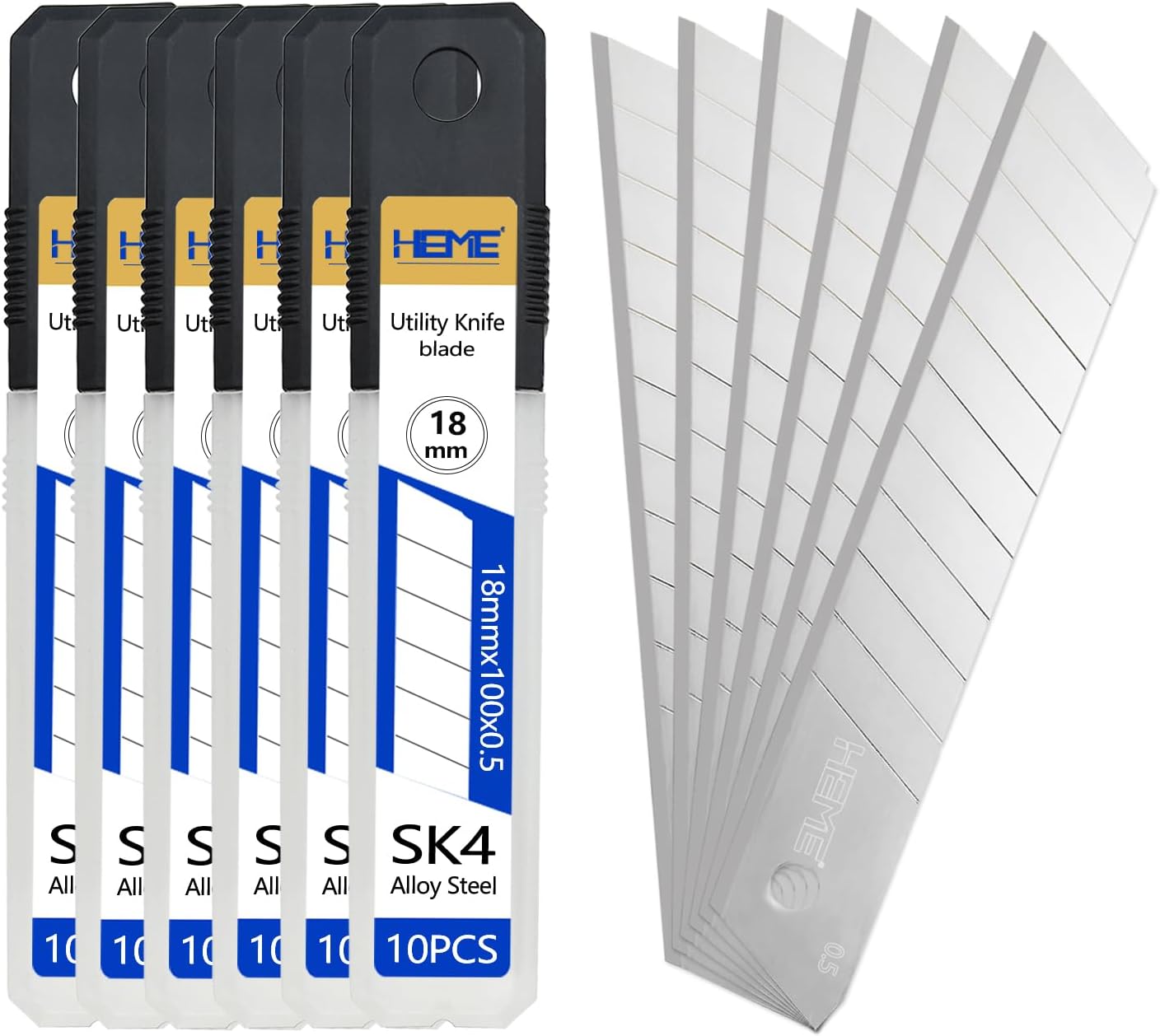 HIEMIE Tools 60Pcs 18mm Utility Knife Replacement Snap off Blades 60 Degree，Blades for Utility Knife and 18mm Box Cutter - Razor Sharp SK4 Steel