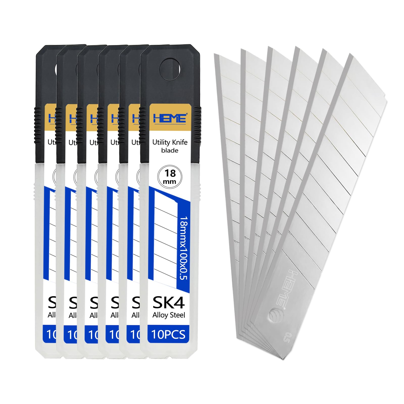 HIEMIE Tools 60Pcs 18mm Utility Knife Replacement Snap off Blades 60 Degree，Blades for Utility Knife and 18mm Box Cutter - Razor Sharp SK4 Steel