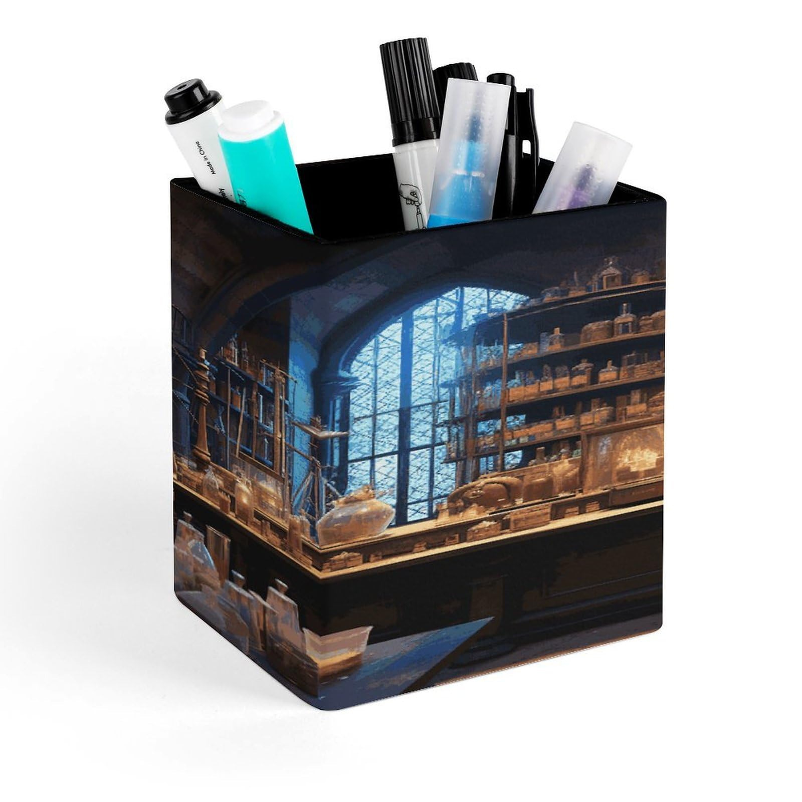 JTREHY Chemistry Laboratory Pen Holder Square Pen Pencil Holder Makeup Brush Holders Cup PU Leather Pencil Cups Desktop Caddy Stationery Organizer Case Office Accessories Container Box