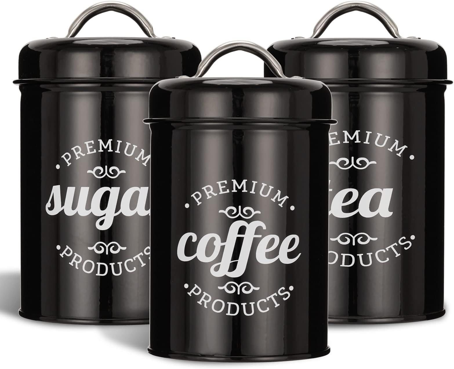 3 Piece Food Jars Canisters Sets, Airtight Coffee Container, Tea Organizer, And Sugar Canister, Rustic Farmhouse Decor for Kitchen Countertop (Black)