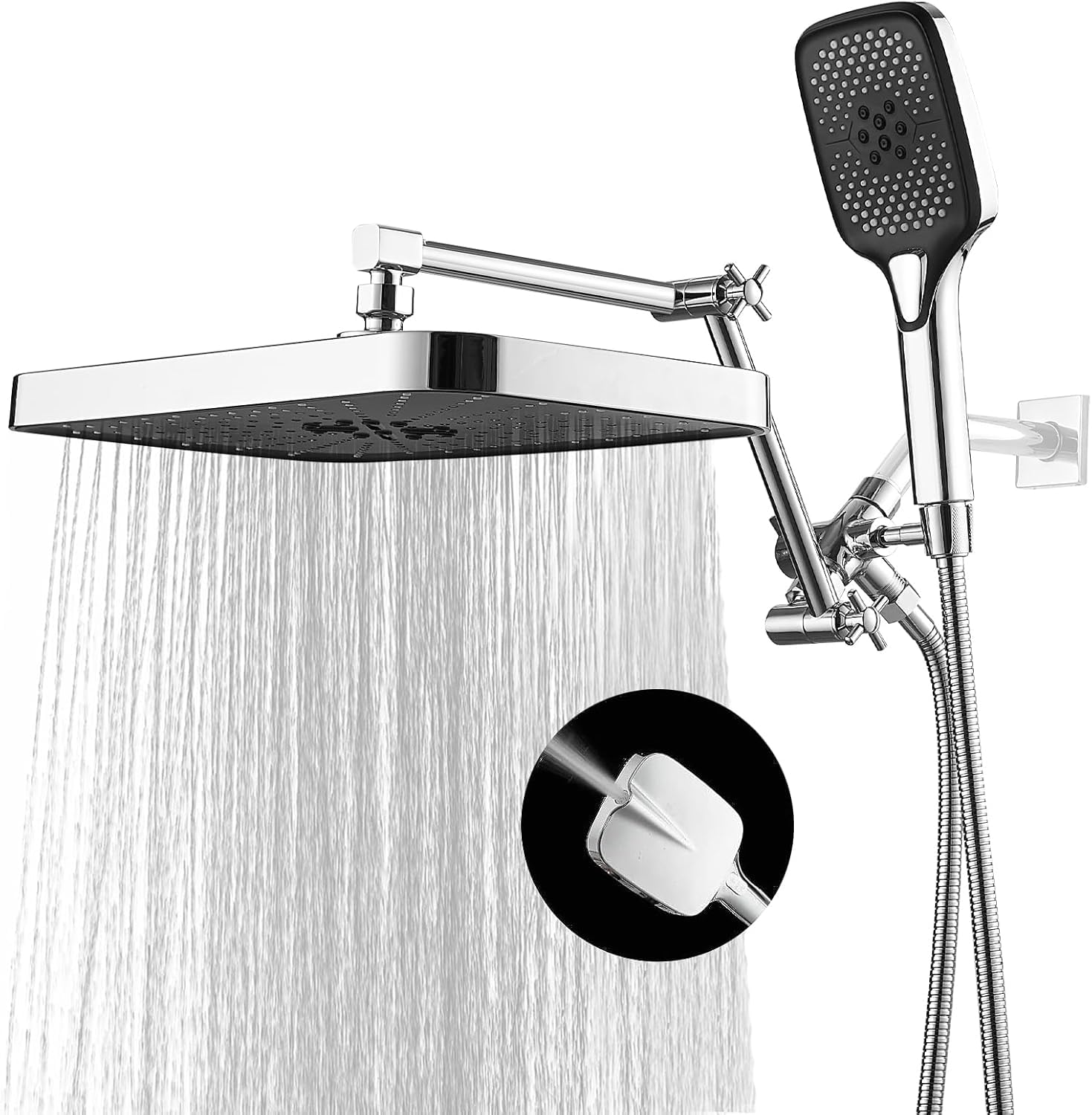 Photo 1 of 14 Inch Rain Shower Head with Handheld Spray Combo and Extention Arm, Rainfall Waterfall High Pressure Large Shower Heads, Dual Showerhead with 3-Way Diverter - Height/Angle Adjustable(Chrome)
