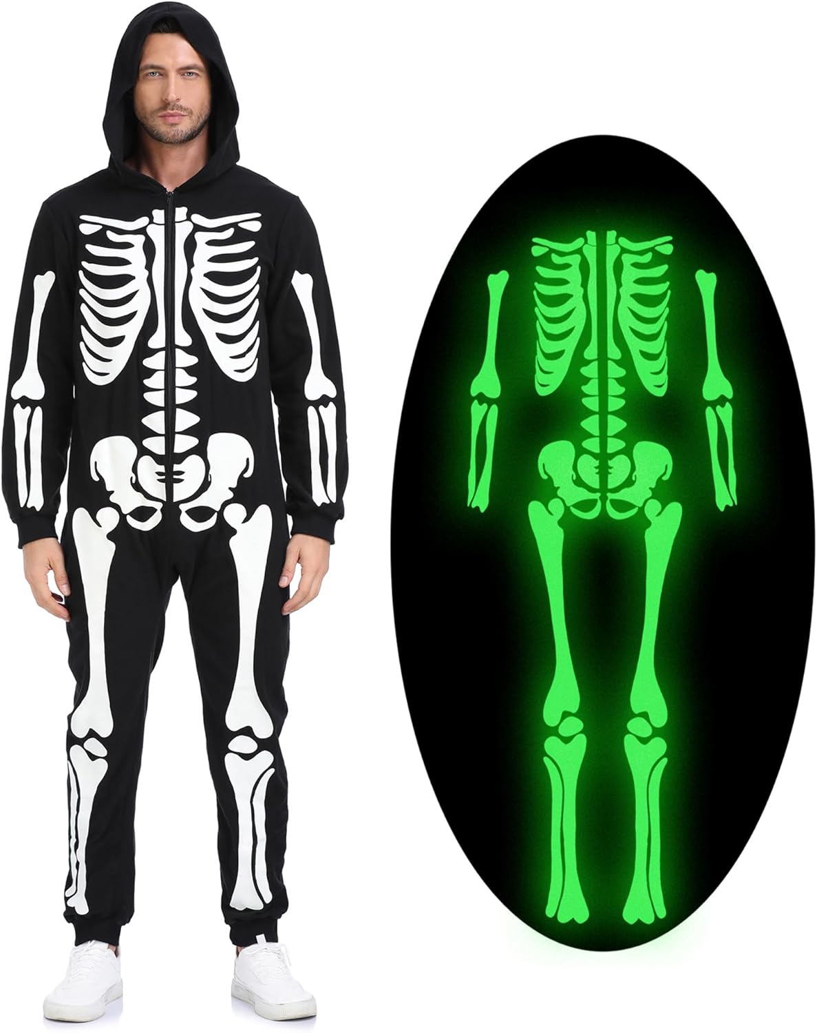 Women Men Skeleton Costume Adult Glow in the Dark Skeleton Jumpsuit for Halloween Costume Men's Skeleton Large