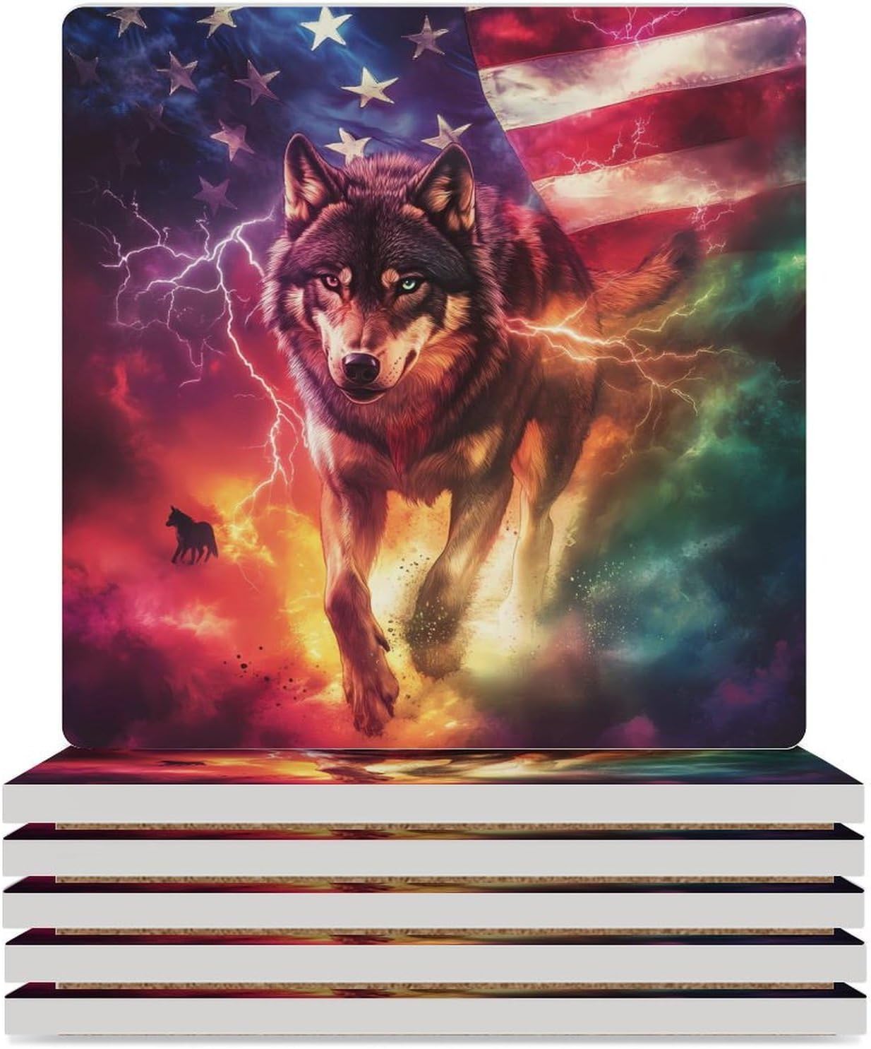 Wolf U.S Flag Ceramic Coasters Square Drinks Coaster Coffee Table Decor Table Coaster for Home Bar