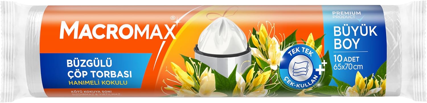 Macro Max Büzgülü Çöp Torbası Büyük Boy (65x70cm) Hanımeli Kokulu 10 Adet Süper Ekonomik Paket