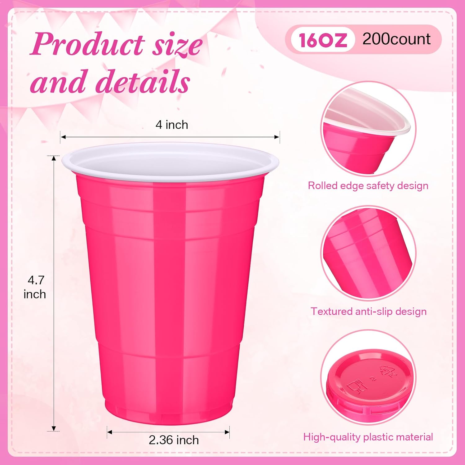 Vesici 200 PCS 16 OZ Valentine's Day Plastic Cups Bulk, Valentines Light Pink and Hot Pink Disposable Party Cups Plastic Drinking Cup For Graduation Wedding Birthday Party Supplies Decorations - Image 2