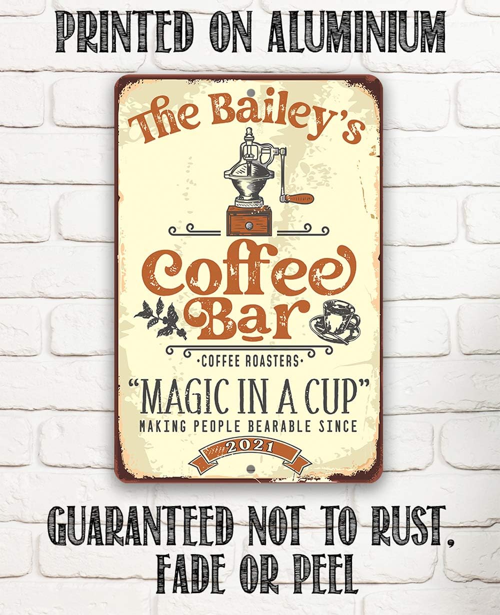 Personalized - Coffee Bar Magic In a Cup - Classic Coffee Decoration for Kitchen and Dining, Coffee Shop Essentials and Gift for Coffee Lovers, 8x12 or 12x18 Use Indoor or Outdoor Rustic Metal Sign