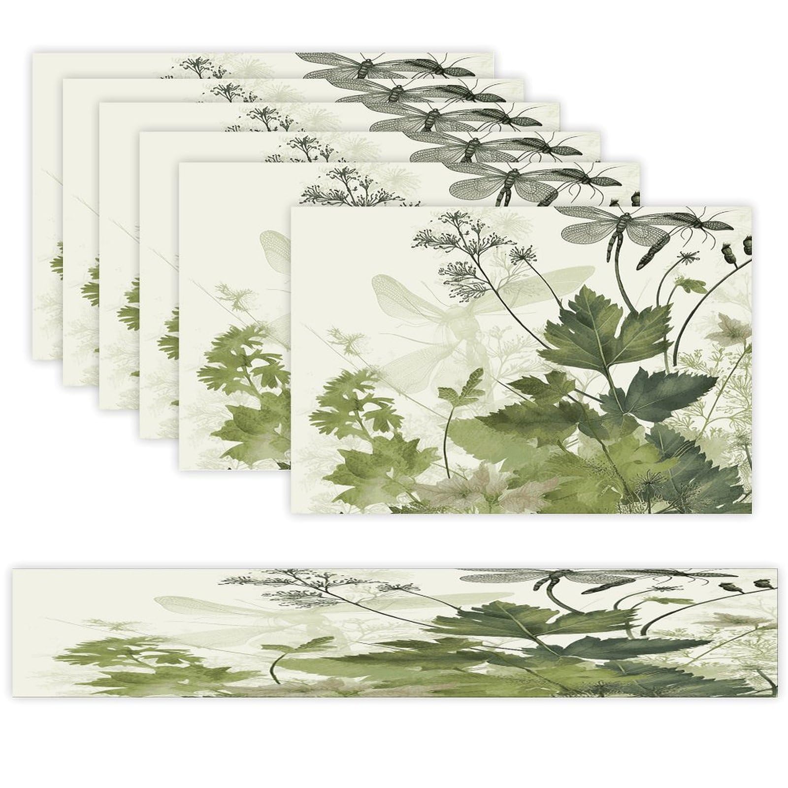 Foliage And Herbs with Dragonflies Winged Table Runner And Placemats Set of 6 for Kitchen Washable Table Mats Heat Resistant Place Mats Non-Slip Place Mat Wipeable Placemat(6 Placemats+1 Table Runner)