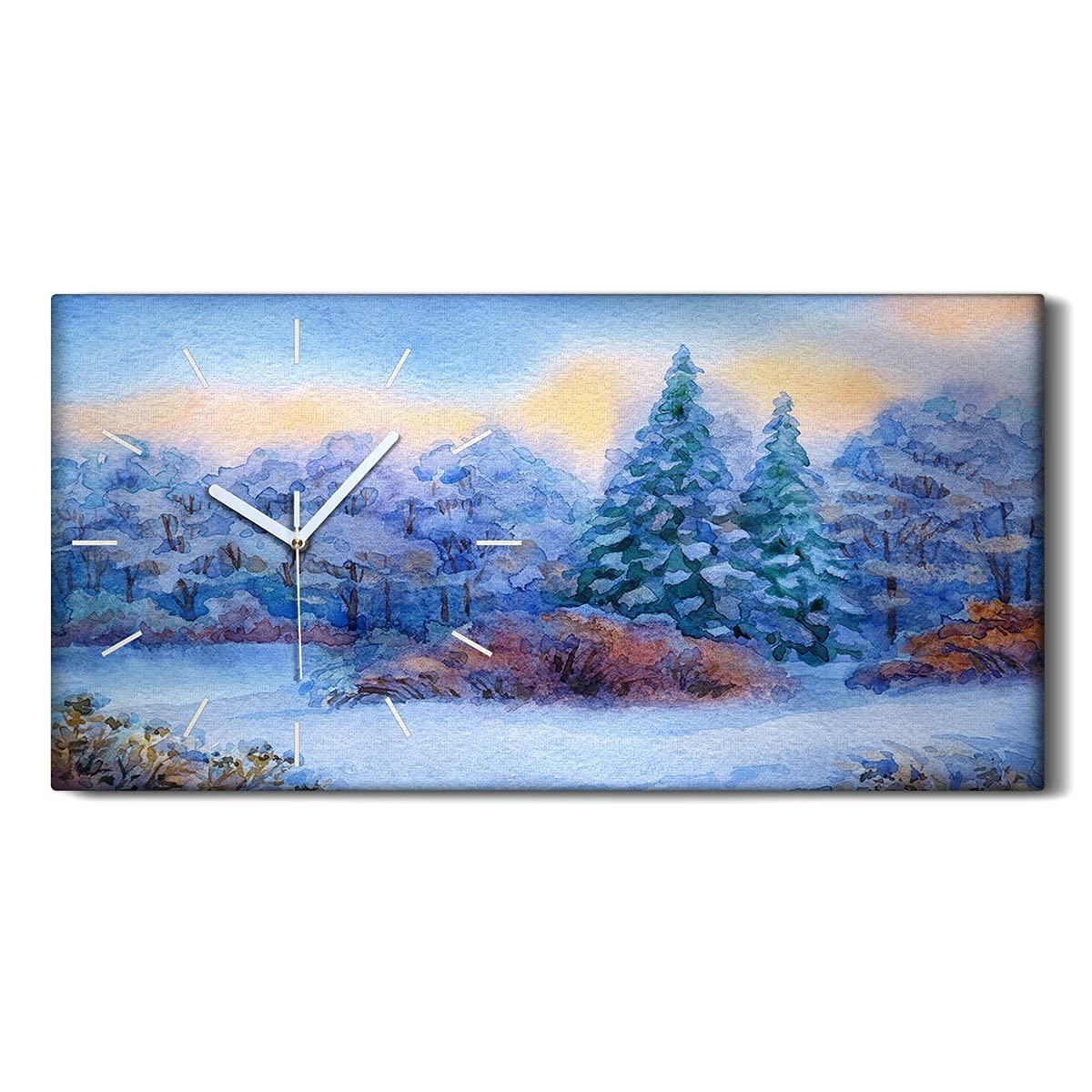 Horloge sur toile 60x30cm forêt de neige aquarelle silencieuse pour decoration murale de salon