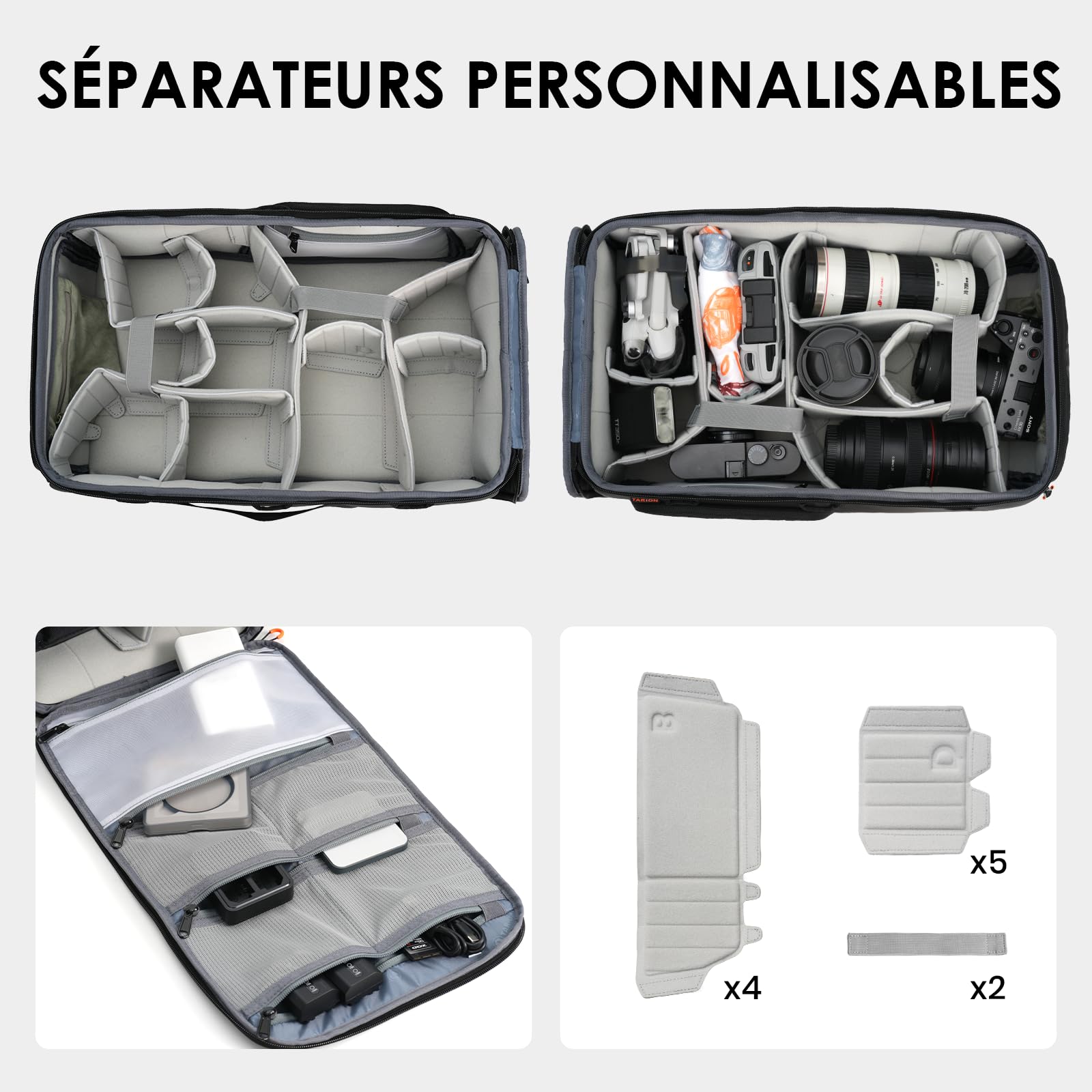 TARION Bolsillo interior para cámara de fotografía: compartimento interior para mochila, morral profesional fotográfico acolchado SLR con manta extraíble para objetivos DSLR Reflex ShellCore