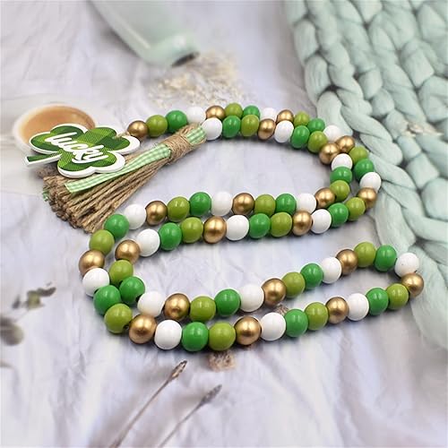 Miniatura 4 de Guirnalda de cuentas de madera para el día de San Patricio con borla de trébol irlandés de madera rústica decoración del día de San Patricio para