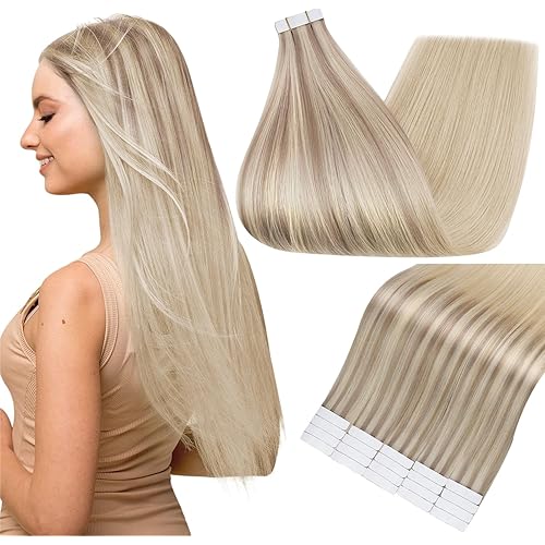 Full Shine Human Hair Tape in Extensions 14 Inch Balayage Nordic Blonde Hair Extensions Color 18 Ash Blonde Fading to 22 and 60 Highlighted Seamless Tape in Hair Extensions 50 Gram Remy Hair 20pcs