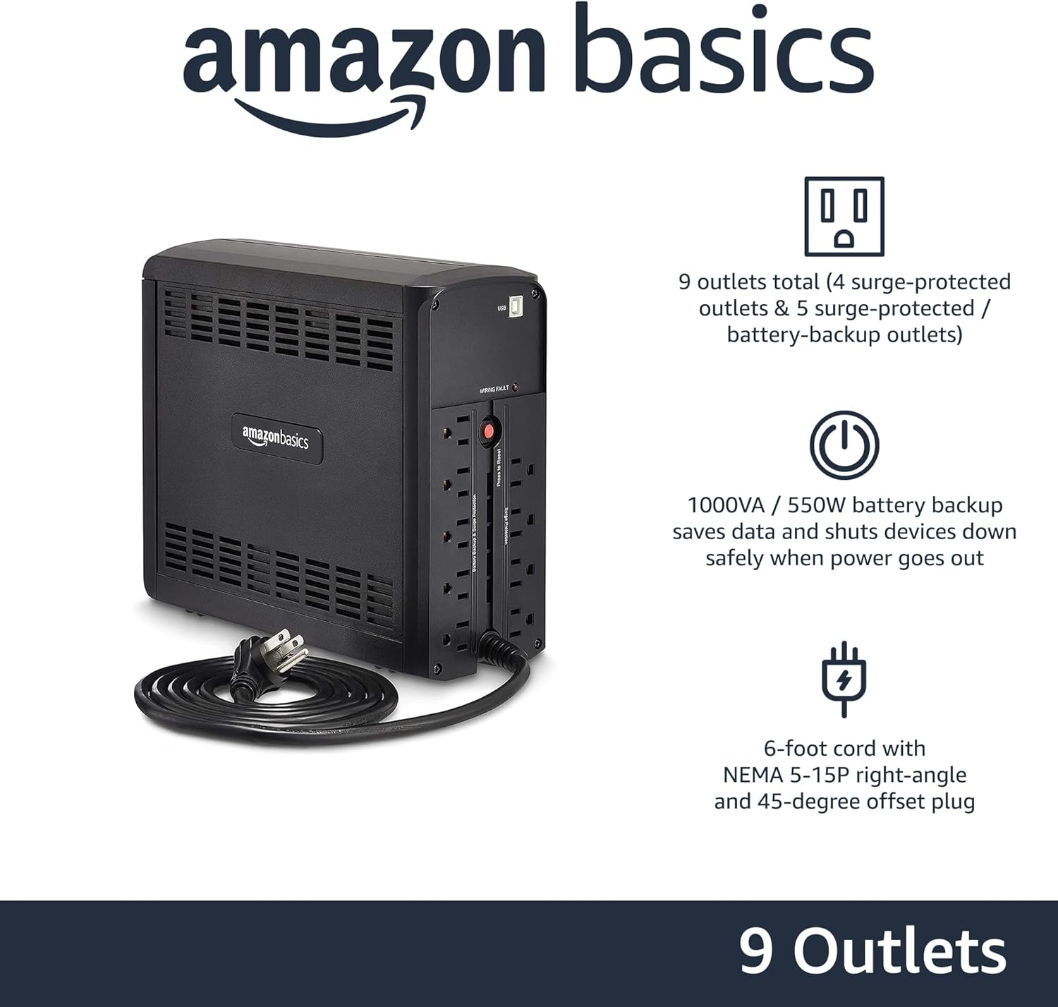 Rear view of Amazon Basics UPS 1000VA showing outlets and ports