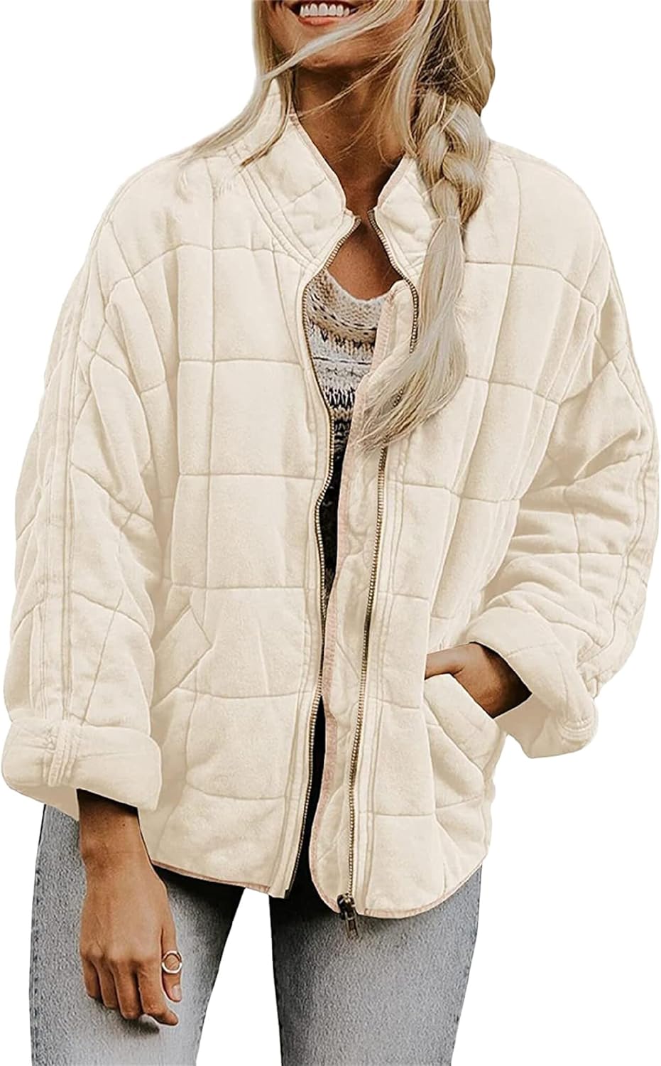 BOFETA Women's Quilted Jackets Lightweight Shacket Fall Oversized Zip Up Coat Outerwear