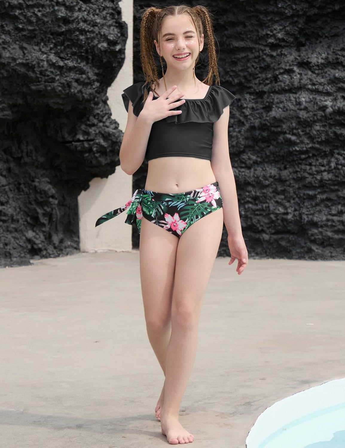 Jxstar Swimsuits for Girls 2 Piece Ruffles Neck Bikini Summer Bathing Suit with Printed Swim Shorts and Chest Pad - Image 3