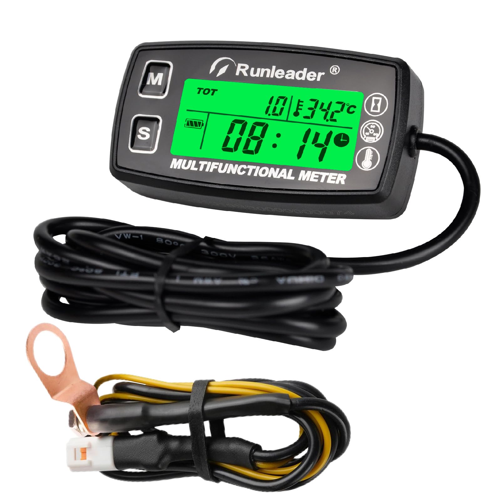 Runleader Digital Tach Hour Meter,Engine Temperature Gauge,Alert RPM & Temp,Backlights Display for Lawn Tractor Compressor Generator Snowmobile Marine Jet Ski Pit Bike
