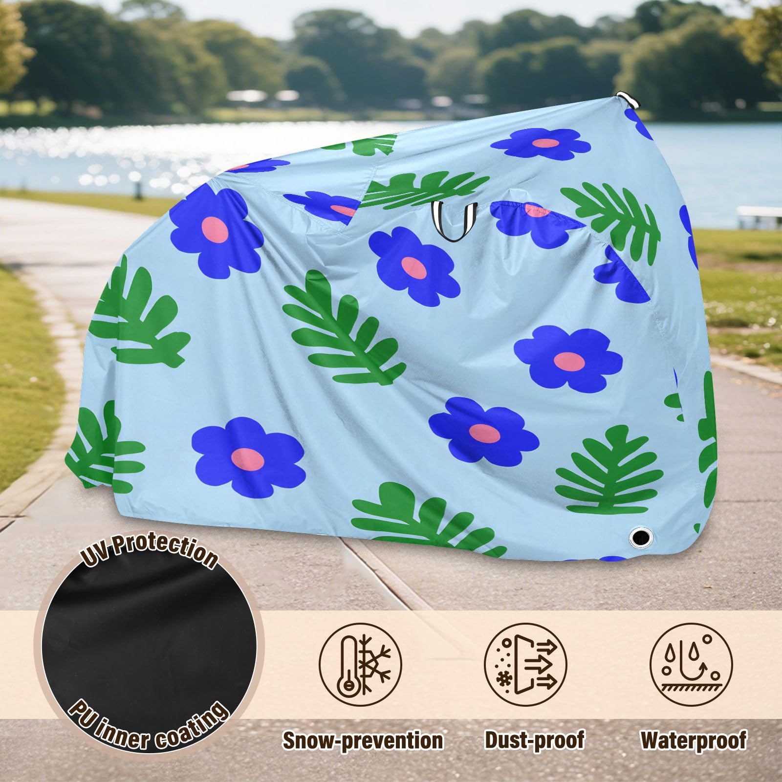Pokrowiec na rower, wodoodporny, outdoorowy, rowerowy, motorower, wytrzymały, wiatroszczelny, ochrona przed słońcem, do roweru górskiego, szosowego, niebieskie kwiaty