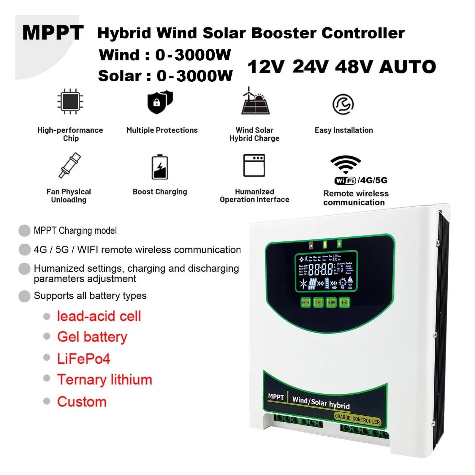 Regolatore Di Carica Ibrido Solare Eolico MPPT 12 24 48 V 80 A 120 A Con Display LCD E Monitor Wi-Fi For Batteria Al Litio Piombo-acido Lifepo4 Ampia Compatibilità(2000W 1500W,24V 48V AUTO)