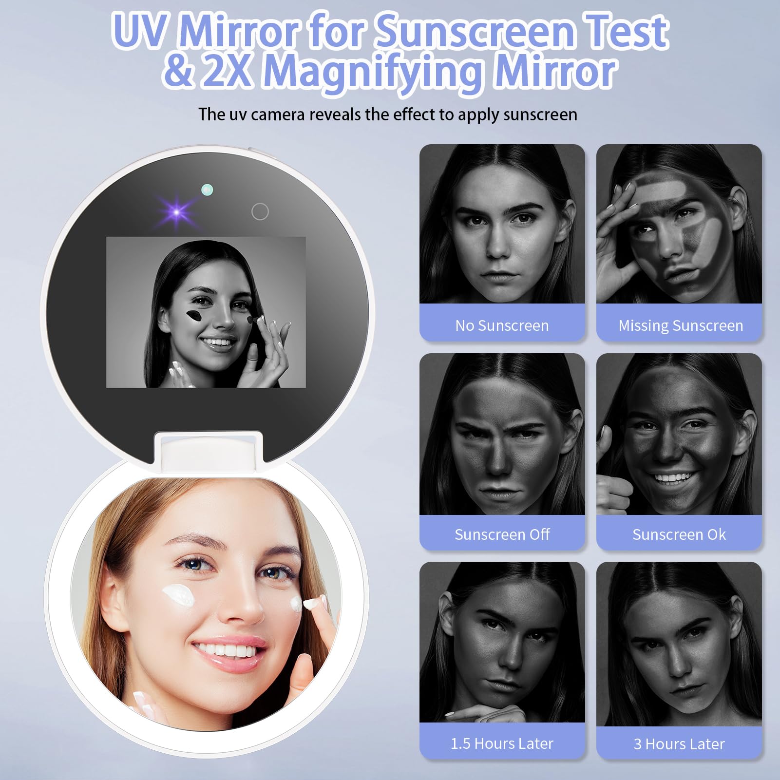 Espejo compacto inteligente UV para prueba de protección solar, espejo de maquillaje de viaje de 3 pulgadas con luces y aumento, espejo de bolsillo recargable de doble cara para protección de la piel