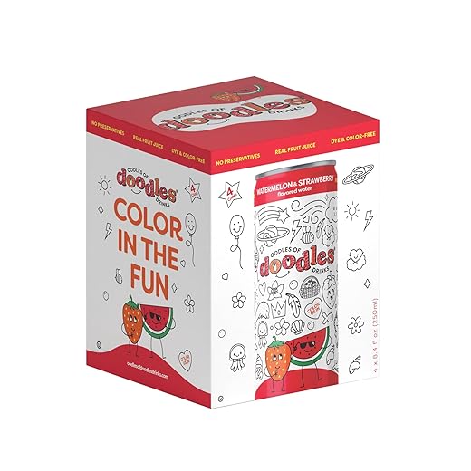 Oodles of Doodles Drinks - Strawberry Watermelon Flavored Water, 8.4 fl oz Colorable Cans, Pack of 24 (6x4pk) | Just 1.2g Sugar | Real Fruit Juice | No Artificial Sweeteners | No Preservatives | Made for Kids