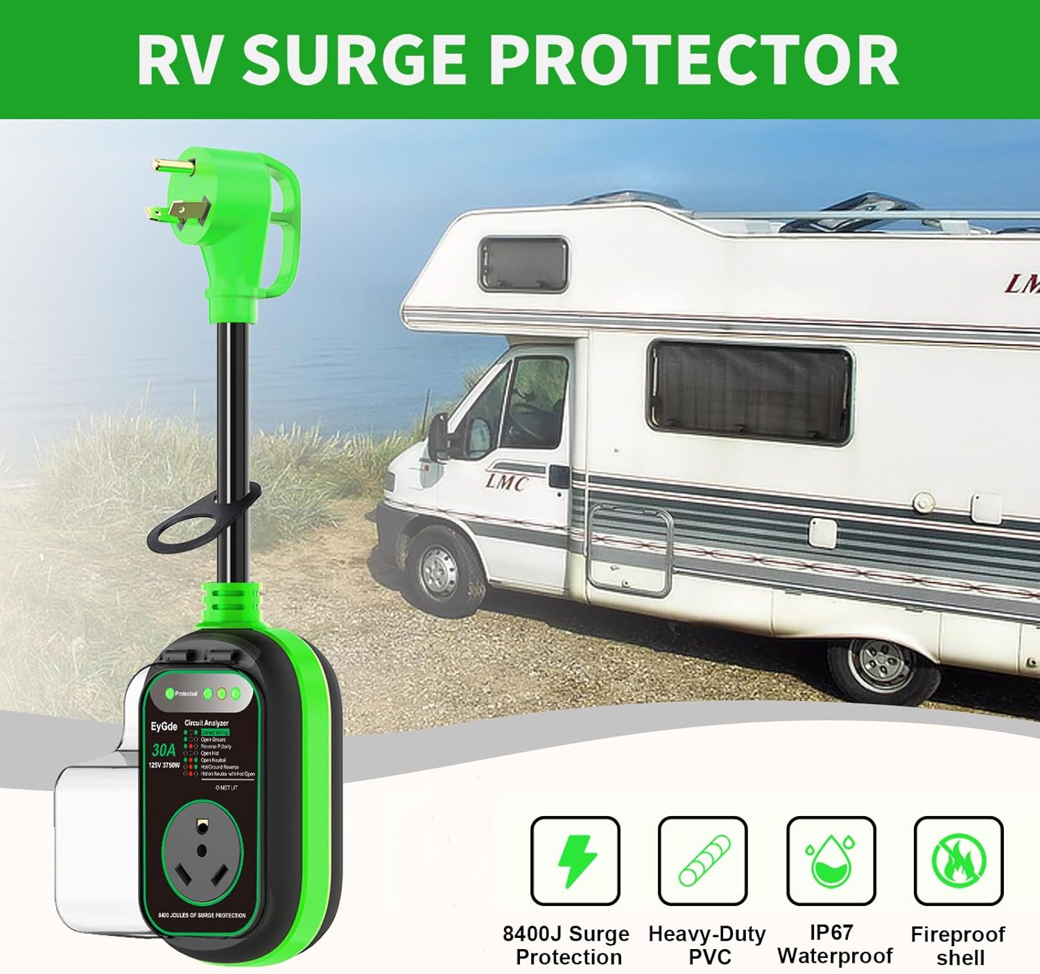 EyGde RV Surge Protector 30 Amp 4 Prong to 30 Amp RV Generator Adapter