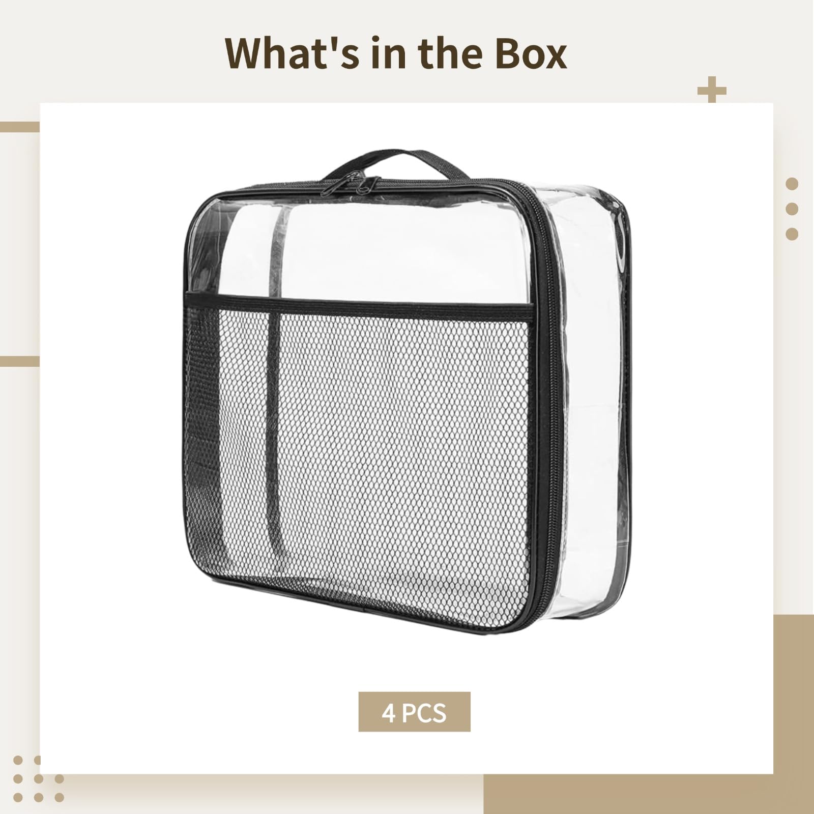 4 sacs de rangement pour jouets imperméables, pochettes organisatrices transparentes à fermeture éclair, contenants en PVC avec poignées et poche frontale en filet, organiseurs pour chambre et voyage