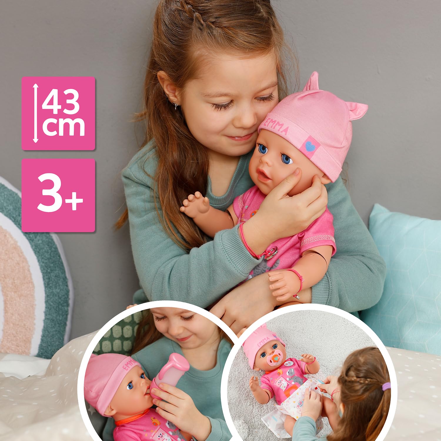 BABY born Emma, z funkcją Click & Play – lalka niemowlęca 43 cm z 10 funkcjami i akcesoriami, działa bez baterii