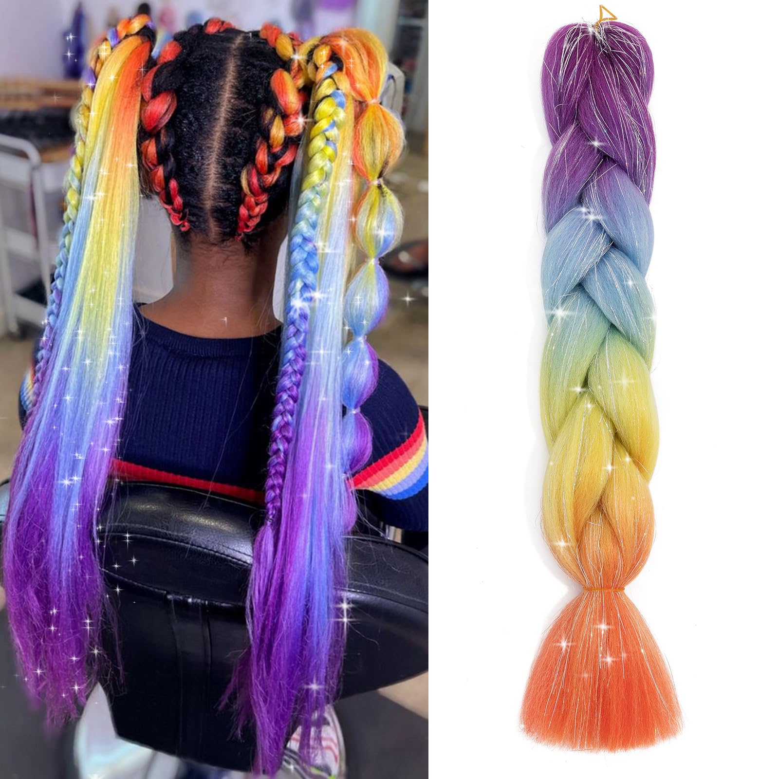 Benehair 24 Inches Braiding Hair Sparkly Braids Extensions Hair with Tinsel Mashup Colorful Synthetic Hair for Braid Hair Extensions for Women(Purple-Blue-Orange