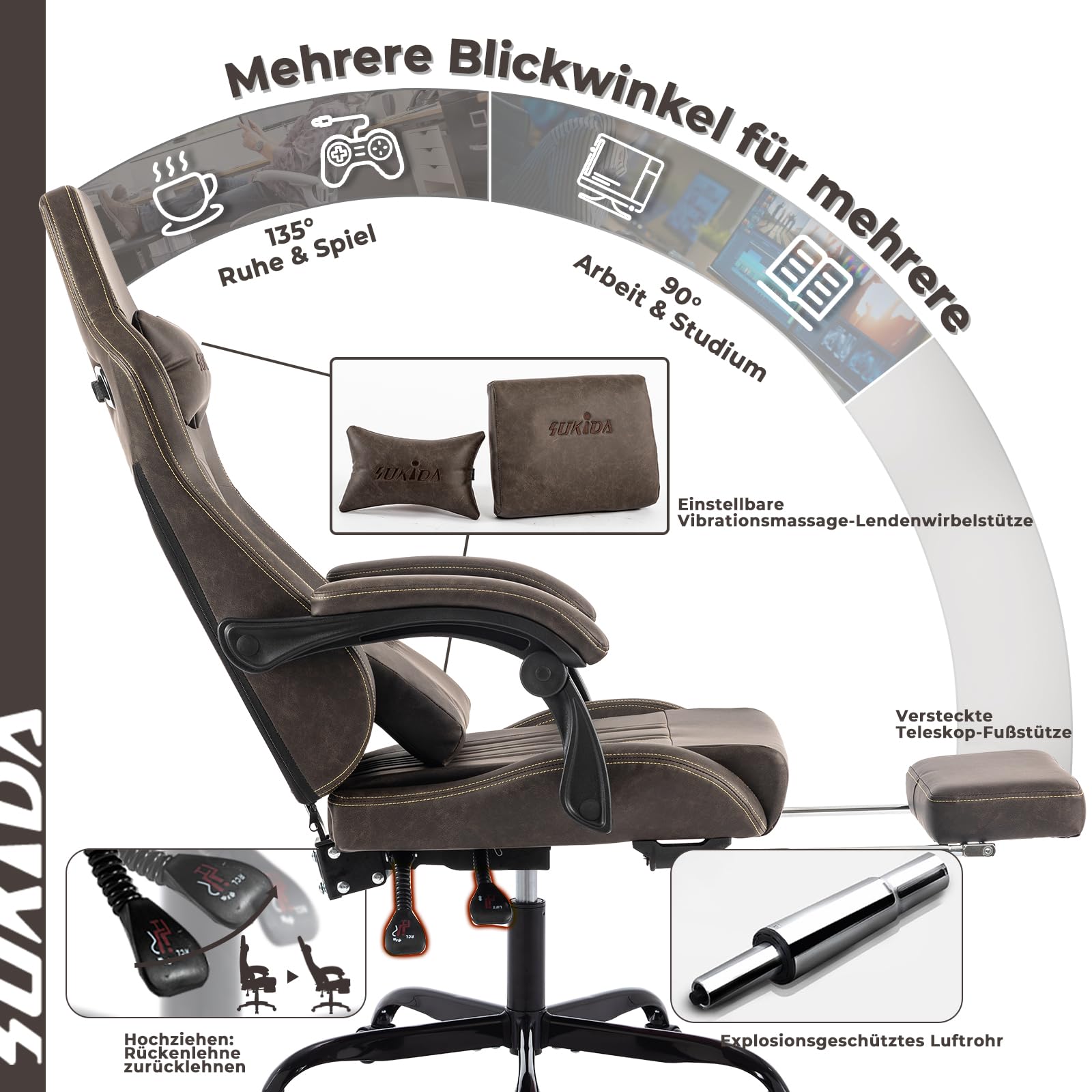 SUKIDA Silla de ordenador ergonómica para videojuegos con reposapiés, silla de oficina, silla ergonómica para ordenador con soporte lumbar, marrón