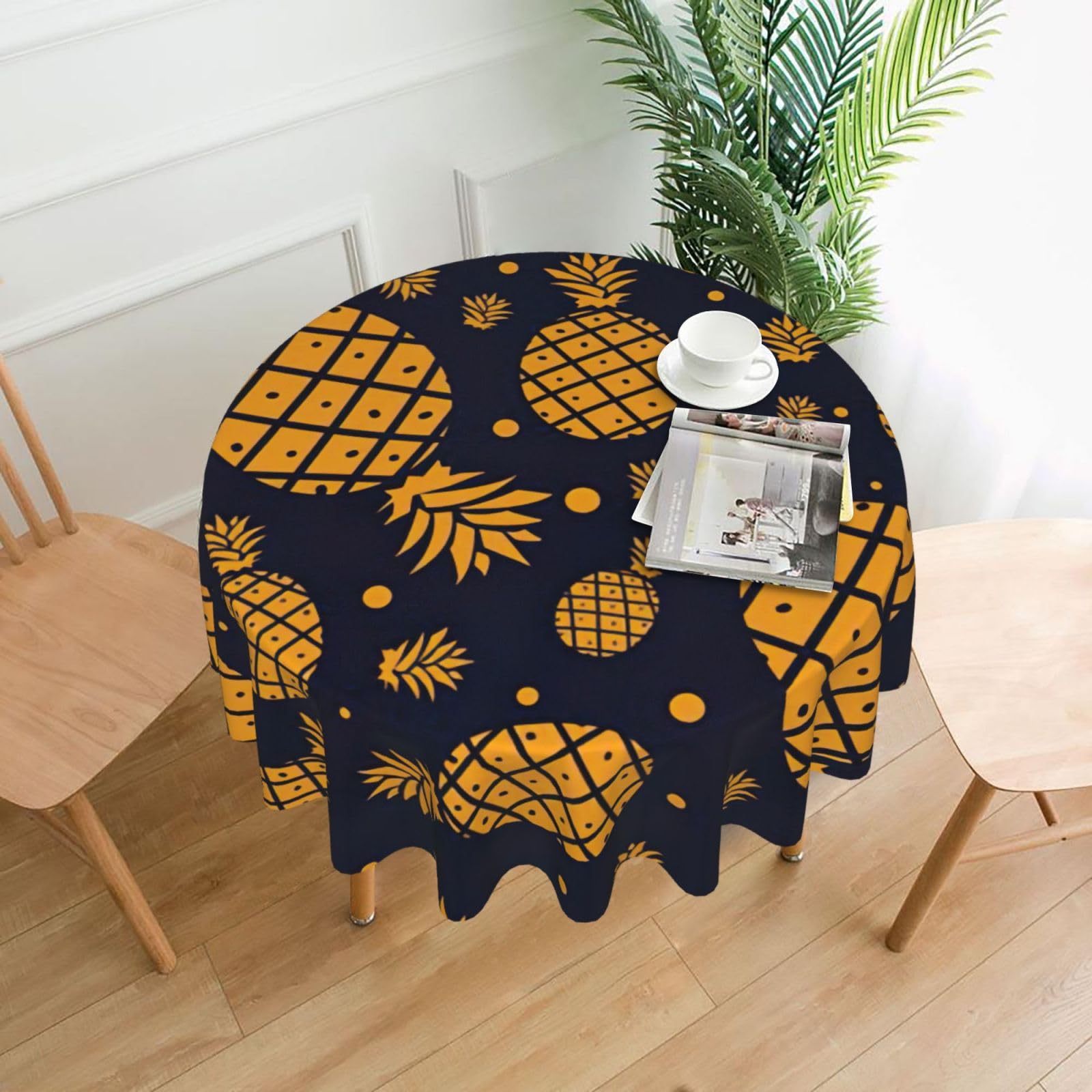 VCzsdff Golden Pineapple Print Stain Resistant Round Tablecloth 60in Family Friendly Polyester Cloth for Kids Meals