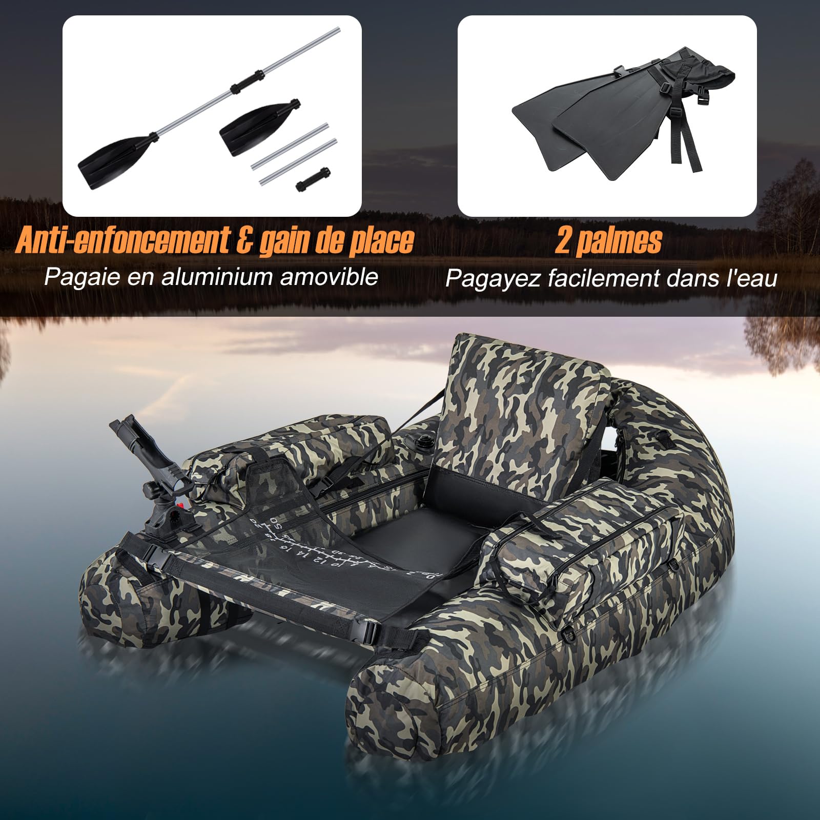 COSTWAY Bateau de Pêche Gonflable avec Dossier et Pagaie, Bateau Gonflable avec Règle à Poisson Support de Canne Poches de Rangement Palmes Pompe Sangles Réglables Charge 150 KG, Camouflage