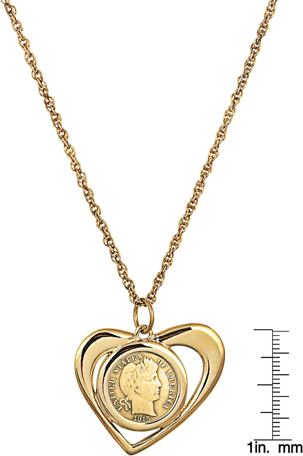American Coin Treasures Coin Necklace Pendant Golden Open Heart– Genuine Barber Dime Gold-Layered Coin | Goldtone Rope Style Chain and Lobster Claw Clasp | Certificate of Authenticity