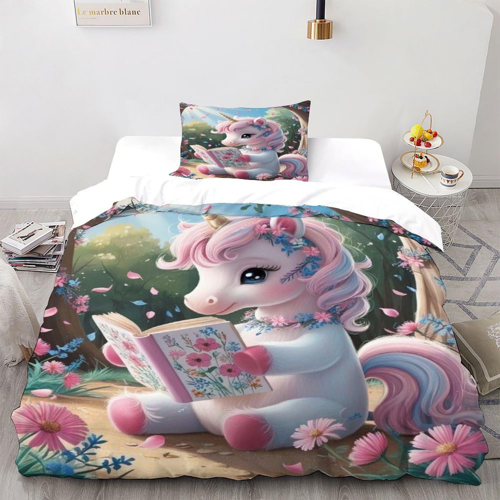 Unicorn Book Bedding Set 3D Digital Printing Animal Themes Wildlife Duvet Cover Set Chic Breathable Comforter Cover Girl Woman with Pillow Single（135x200cm）