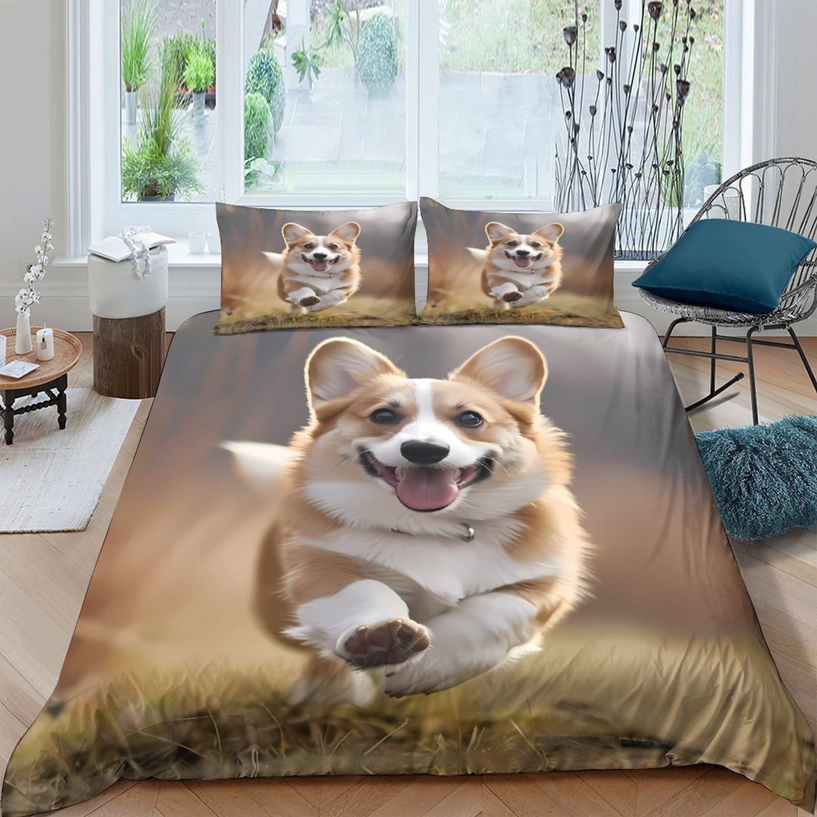 Ctjqhvkz Style-3 3D Printed Running Corgi Fitted Sheet Microfiber Soft Anti-Slip Animal Bed Cover For Bedroom Guest Room Easy Care Decor Single（135X200cm）