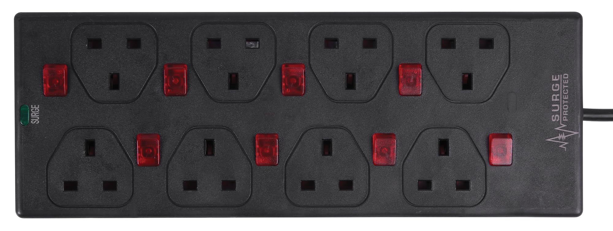 PRO ELEC 8-Gang Switched Surge Protected Extension Lead, 2m – Individually Switched, Wall Mountable, Black