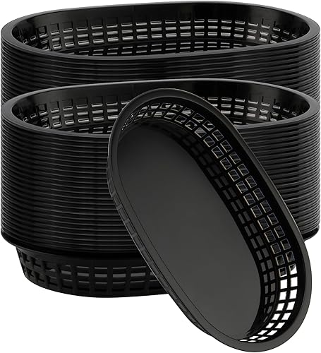Paquete de 30 cestas de plástico negro de 10.5 x 7 pulgadas, cestas de servicio de restaurante, cesta plana ovalada de comida rápida para picnic,